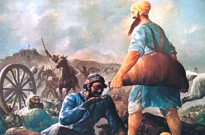  Bhai Ghanaiya Ji offering water to the wounded soldiers in battlefield without any discrimination.
